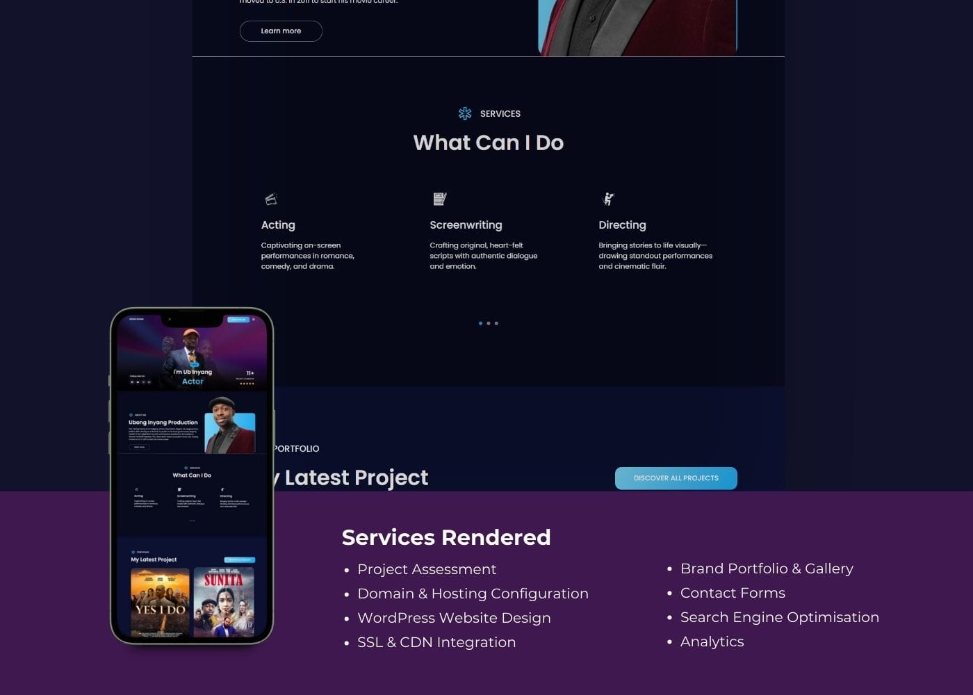Brand Manager - Hire a Dedicated Brand Virtual Assistant Ubong Inyang Website Design for Actor, Film Producer UI/UX by Korlor